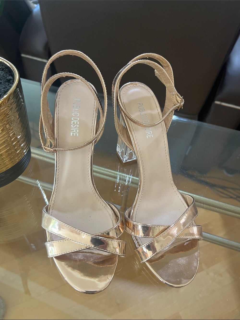 Public Desire Metallic Rose Gold Strappy Block Heel Sandals